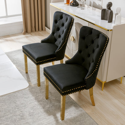 2pcs Elegant Dining Chairs with Golden-Tone Nailhead Trim & Golden-Plated Stainless Steel Legs - Upholstered Backrest, Round Pulls, Classic Modern Design