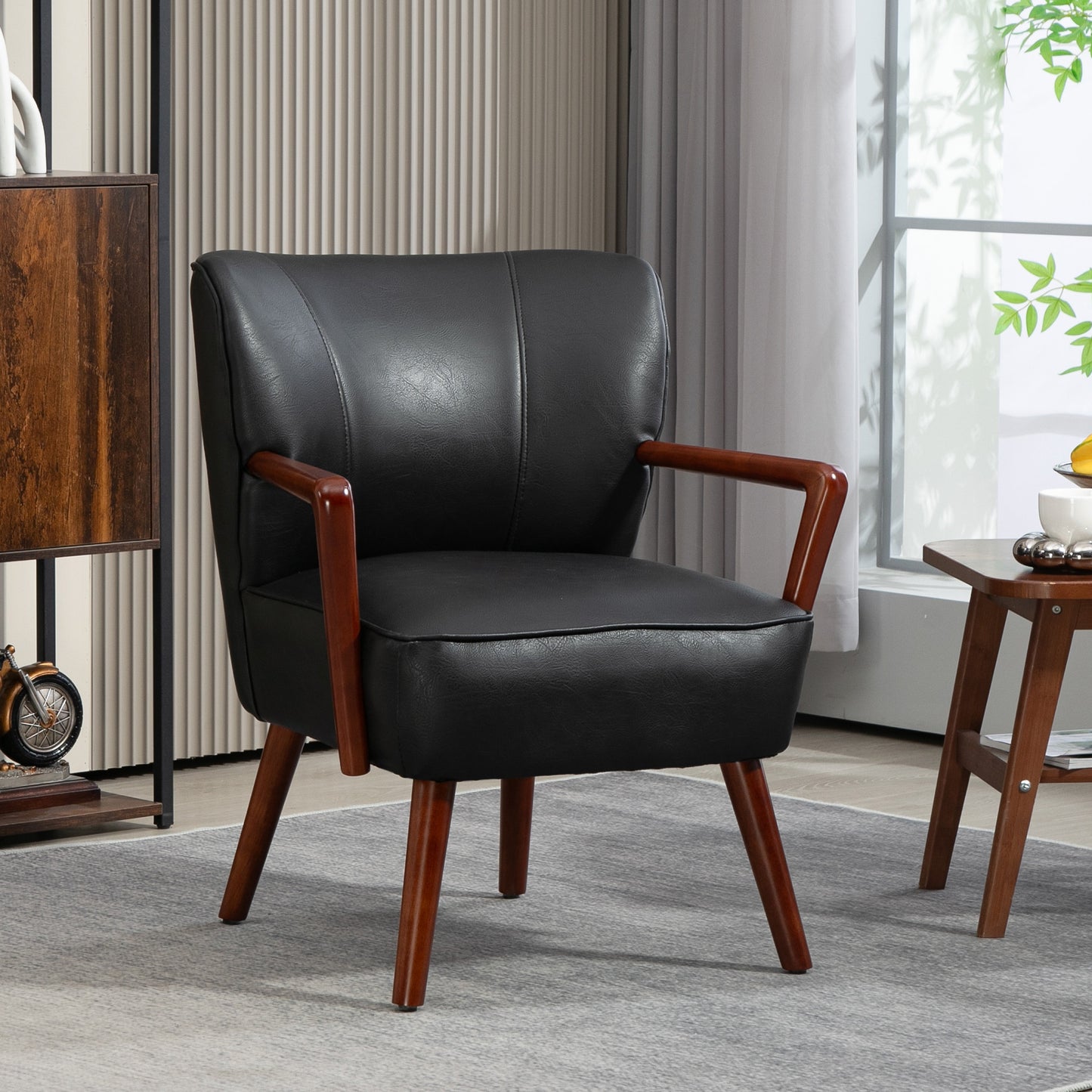 Accentstoel – Fauteuil – Bergère – Lounge Stoel – Relaxstoel – Kunstleer – Brede Zitting – Massief Rubberhout – Draaggewicht 120 kg – Compact 67x77x80 cm – Zwart