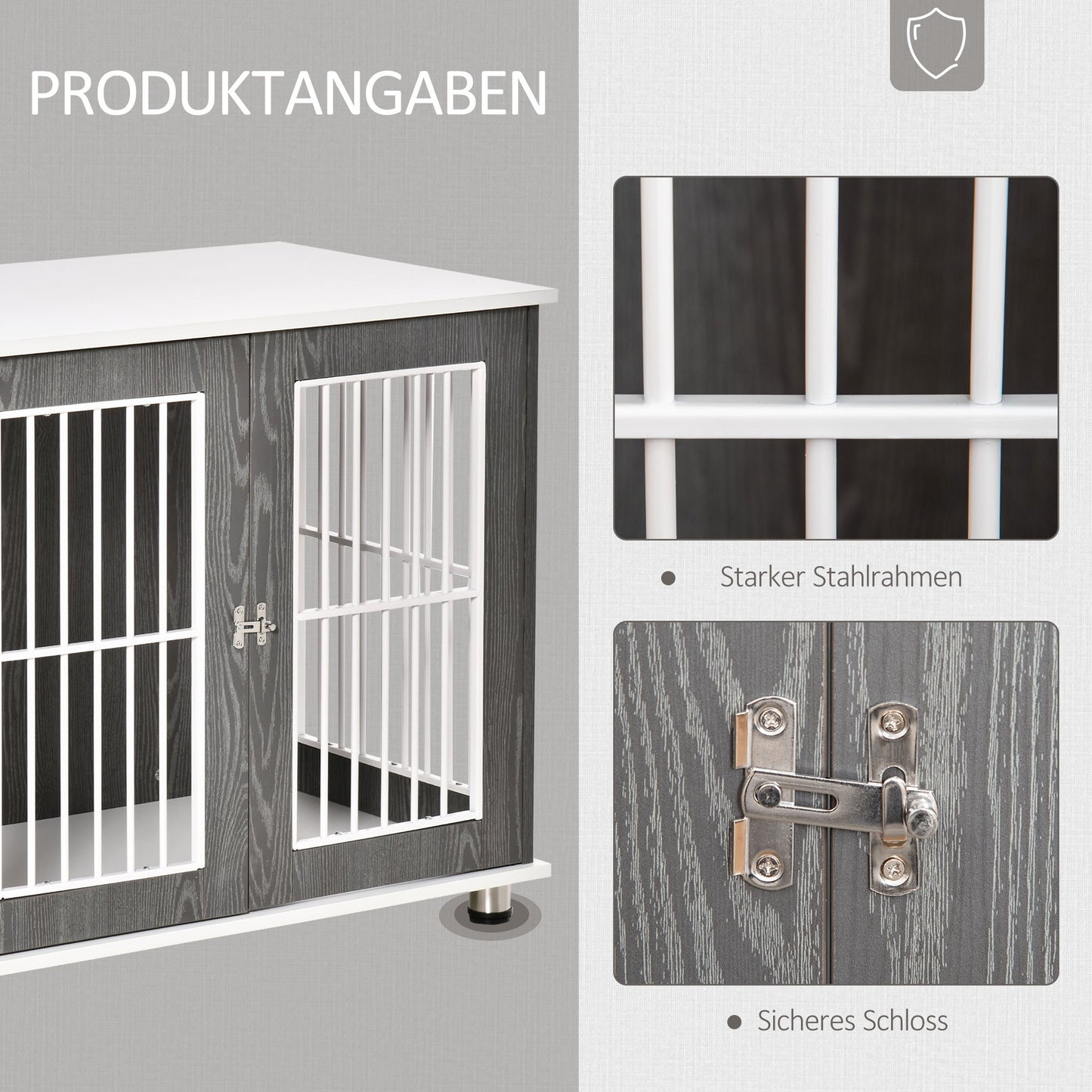 Hondenbench – Hondenkooi – Transportbench – Hondenhok – Dierenbench – Vergrendelbare Hondenbench – Stevig Houten Frame – Verstelbare Voetjes – Grijs-Witte Kleur