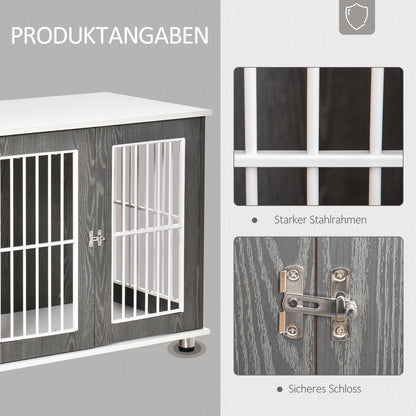 Hondenbench – Hondenkooi – Transportbench – Hondenhok – Dierenbench – Vergrendelbare Hondenbench – Stevig Houten Frame – Verstelbare Voetjes – Grijs-Witte Kleur