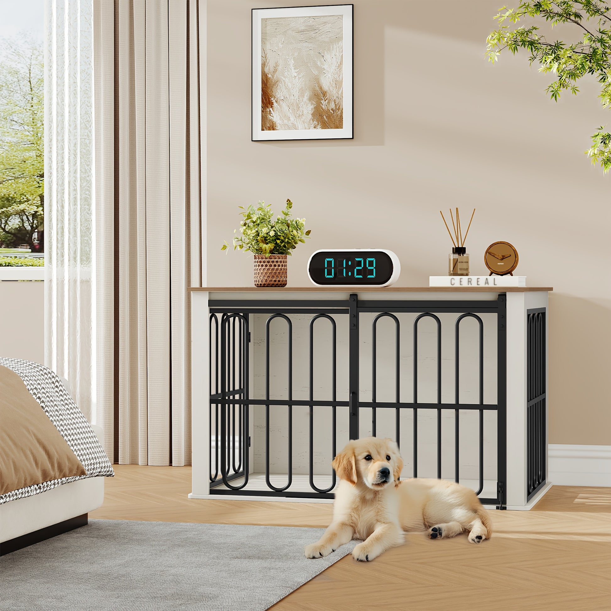 Wooden Dog Cage Furniture, 100cm Household Pet Crate, Double-Door Design with Sliding Door for Small to Medium-Sized Breeds, Includes Sturdy Side Table - 60 × 100× 62.4cm in White and Brown, Extra Large Dog Crate Furniture, - QUORE