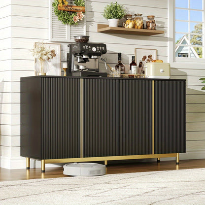 Dressoir – Sideboard – Opbergkast – Buffetkast – Kast – Modern Design – 150 cm – Golvende Ribbeldeuren – Verstelbare Metalen Poten – Zwart