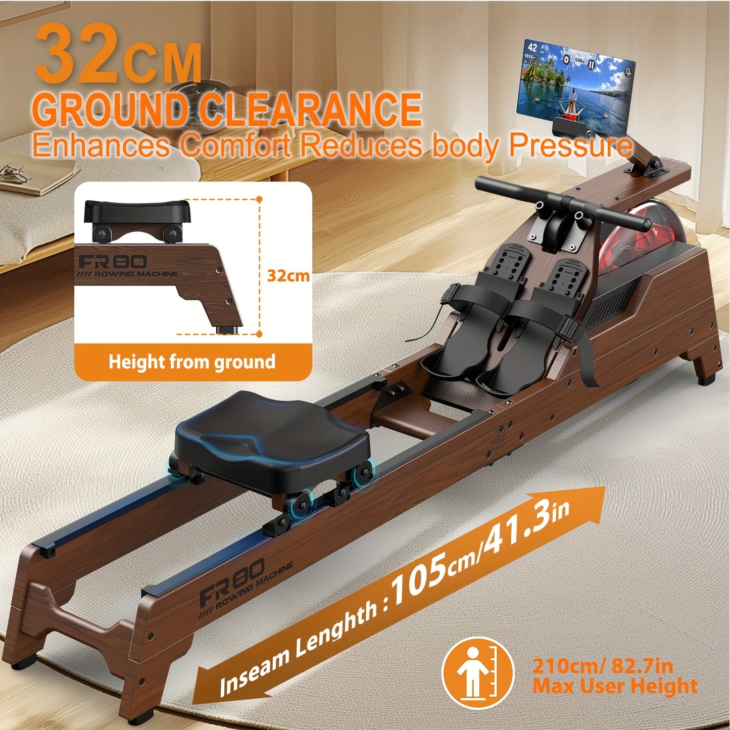 Houten Roeimachine – Waterroeier – Fitnessapparaat – Thuis Gym – Roeitrainer – 90° Upright Tank – Draadloze Monitor – Max Hoogte 200cm – Zwarte Kleur