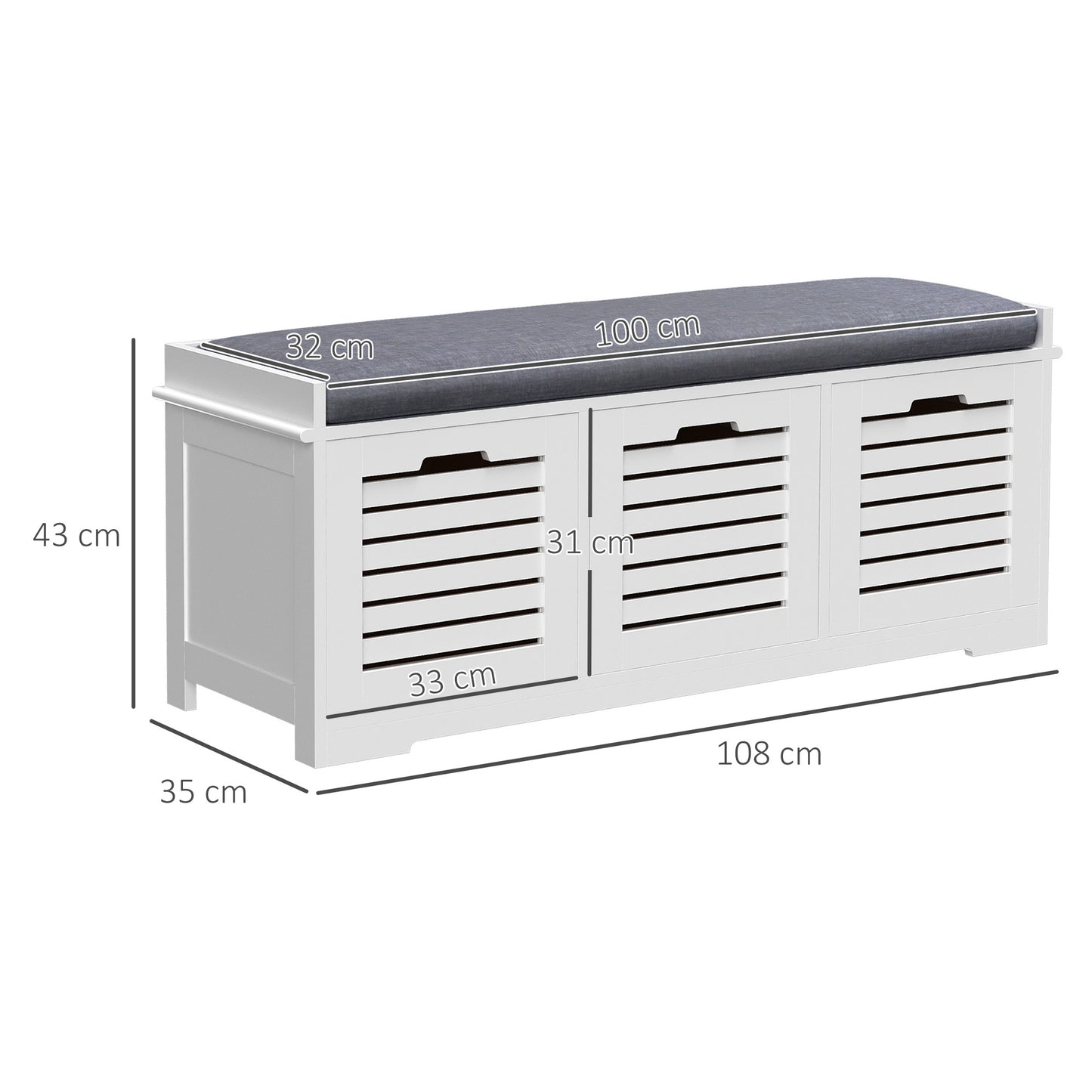 Schoenenbank – Schoenenkast – Opbergbank – Halbank – Zitbank – Met 3 Ventilerende Lades – Comfortabel Verwijderbaar Kussen – Wit – Compact 108x35x43 cm