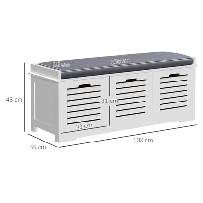 Schoenenbank – Schoenenkast – Opbergbank – Halbank – Zitbank – Met 3 Ventilerende Lades – Comfortabel Verwijderbaar Kussen – Wit – Compact 108x35x43 cm