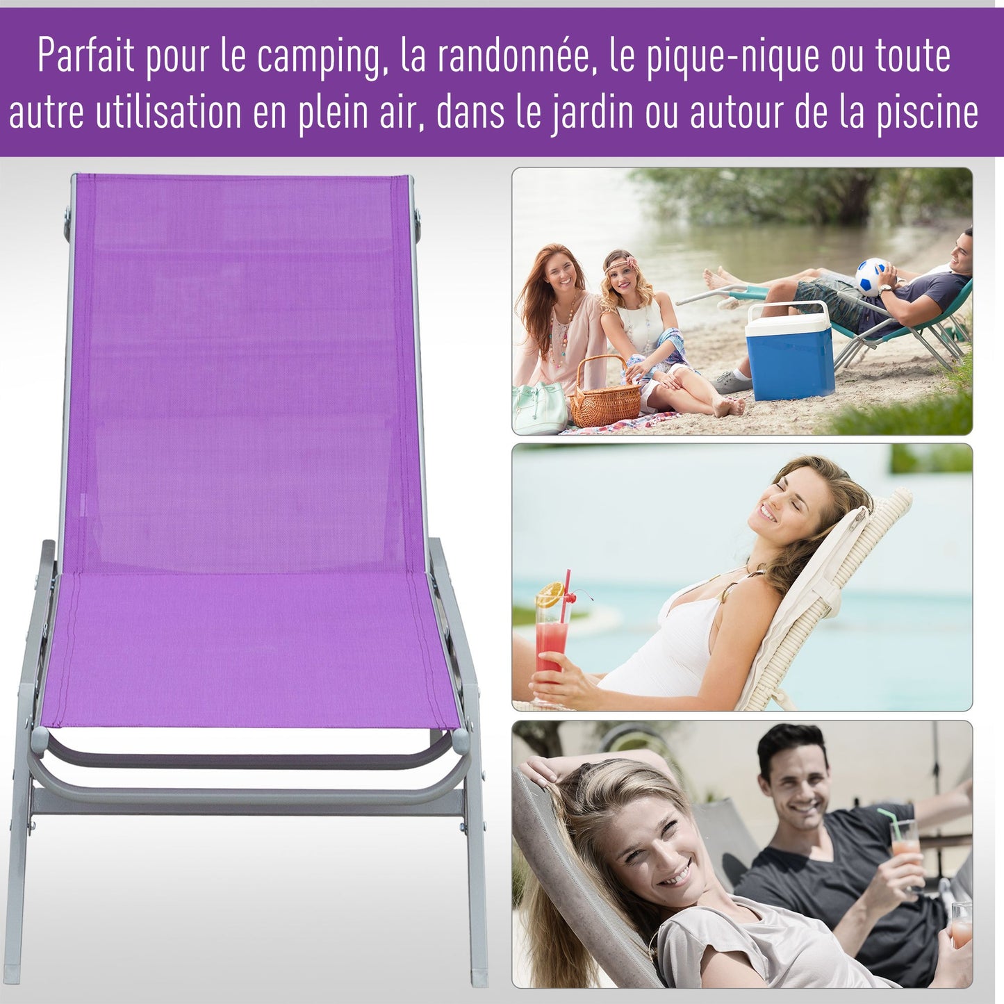 Ligstoel – Strandstoel – Zonnebed – Ligbank – Verstelbare Buitenstoel – Ergonomisch Ontwerp – UV- en Waterbestendig Mauve – Metaal Met Textileen – 170x58x97 cm