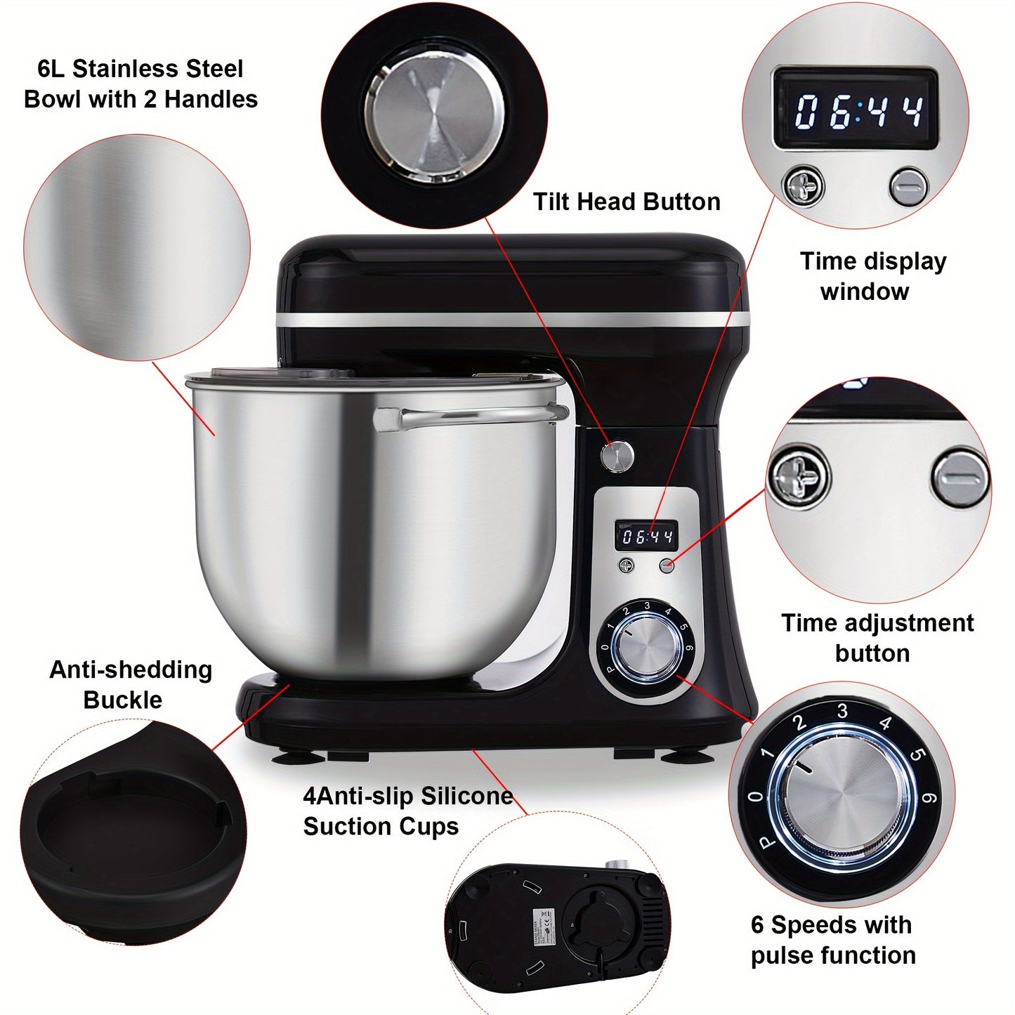 Keukenmixer – Standmixer – Mixer – Deegmixer – Zwart – RVS Mengkom 6L – 6 Snelheden – Stil & Krachtig Motor 1200W