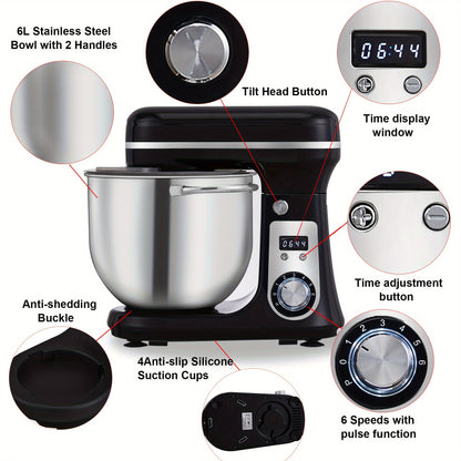 Keukenmixer – Standmixer – Mixer – Deegmixer – Zwart – RVS Mengkom 6L – 6 Snelheden – Stil & Krachtig Motor 1200W