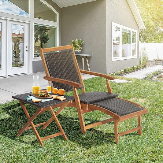 Opvouwbare Loungestoel – Tuinstoel – Strandstoel – Klapstoel – Rattan Stoel – Verstelbare Rugleuning – Geïntegreerde Bijzettafel