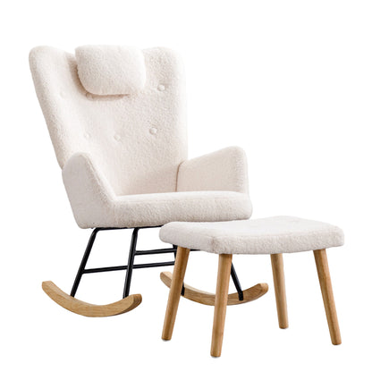 Schommelstoel – Rocking Chair – Relaxstoel – Schommelzetel – Witte Schommelstoel – Teddy Pluche Bekleding – Inclusief Hoofd- en Voetensteun
