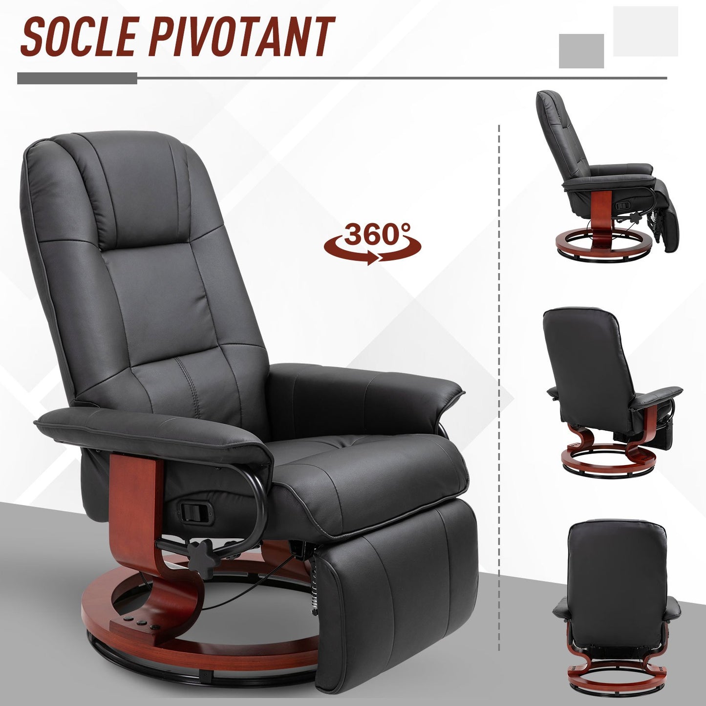 Relaxfauteuil – Relaxstoel – Draaifauteuil – Zwarte Relaxstoel – Fauteuil Zwart – Verstelbare Rugleuning Tot 145° – 360° Draaibare Basis Met Houten Voet