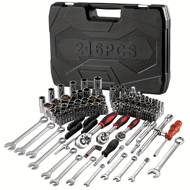 Dopsleutelset – Doppenset – Ratels – Sleutelset – Bitset – 216-delig – Omkeerbare Ratels 1/4", 3/8" & 1/2" – Robuust Metaal Met Koffer