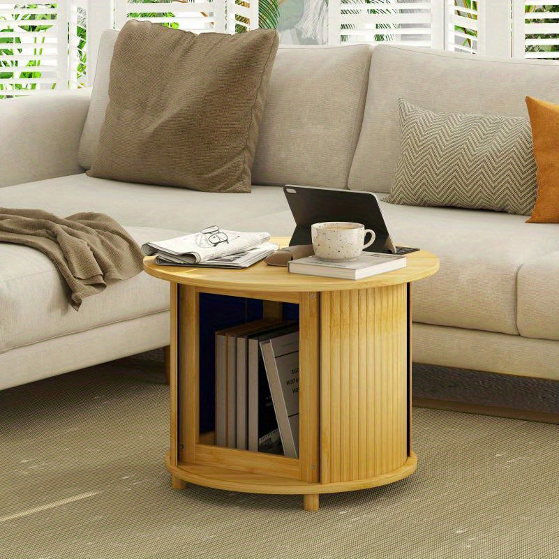 Ronde Bijzettafel – Salontafel – Tafel Met Opbergruimte – Sofa Tafeltje – Schuifdeur Kastje – Bamboe Materiaal – Weerbestendig Design 60x45 cm
