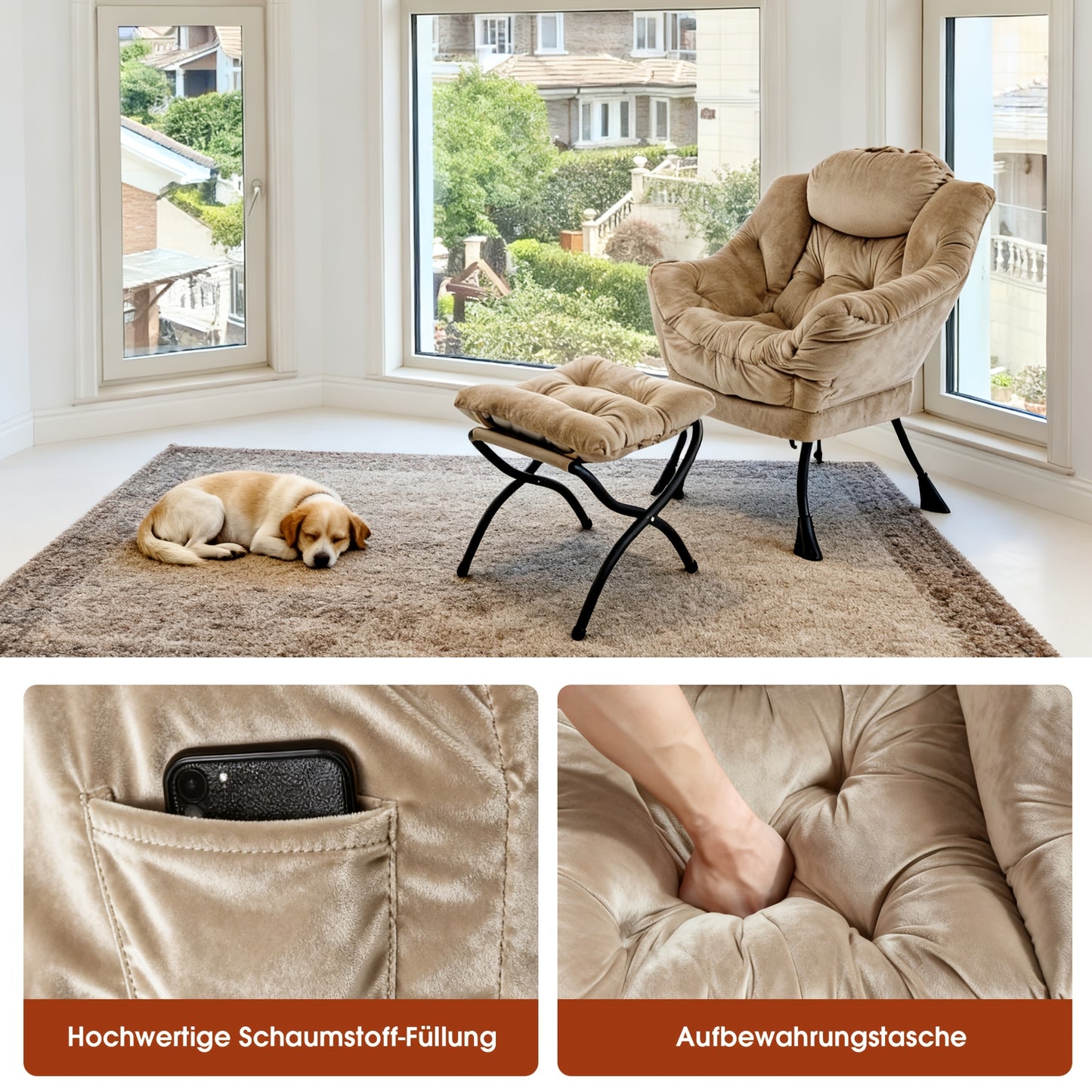 Fauteuil Met Voetenbank – Relaxstoel – Loungestoel – Tv Stoel – Wingchair – Khaki Bruin – Bamboe En Katoen – Met Zijzak