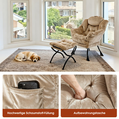 Fauteuil Met Voetenbank – Relaxstoel – Loungestoel – Tv Stoel – Wingchair – Khaki Bruin – Bamboe En Katoen – Met Zijzak