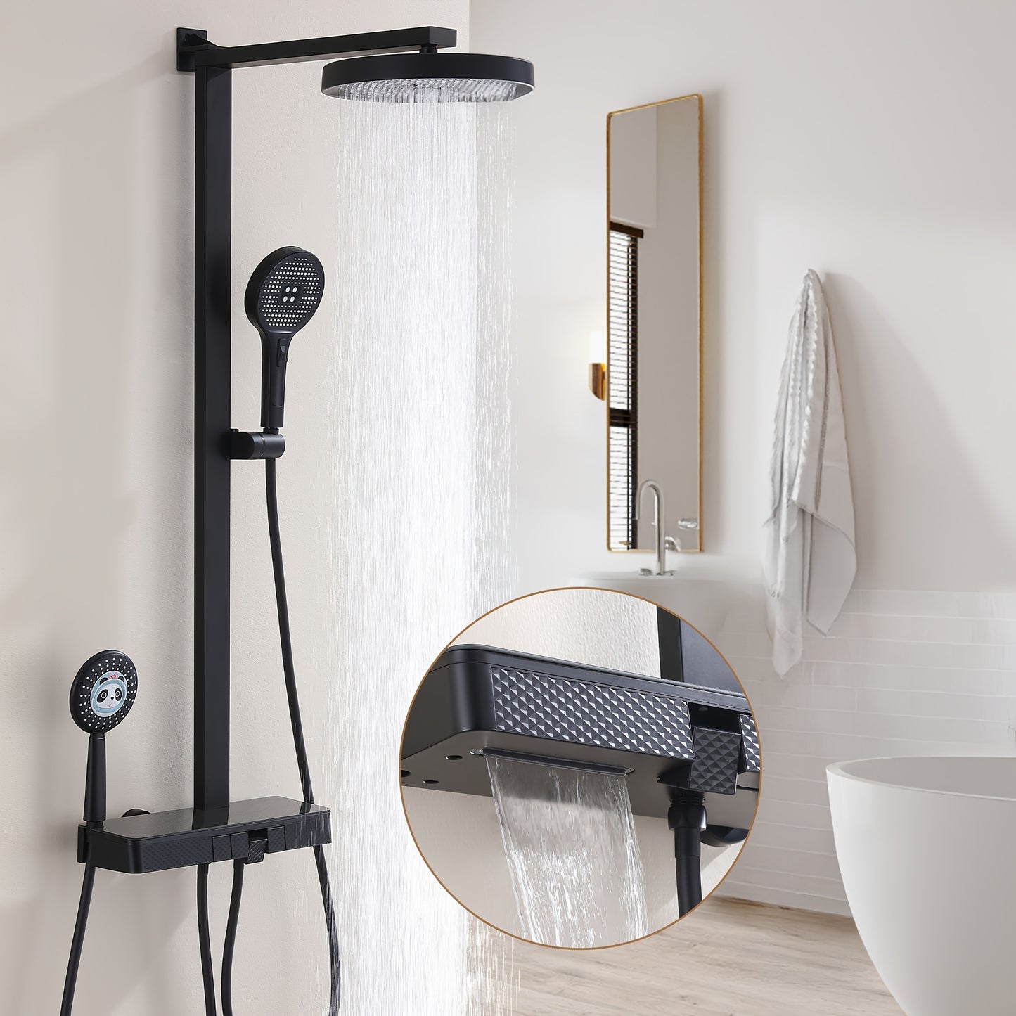 Zwarte Douche Set – Douchepaneel – Doucheset – Handdouche – Thermostaatkraan – 4 Spuitstanden – Muurbevestiging Zonder Boren – Glazen Plank 40 cm