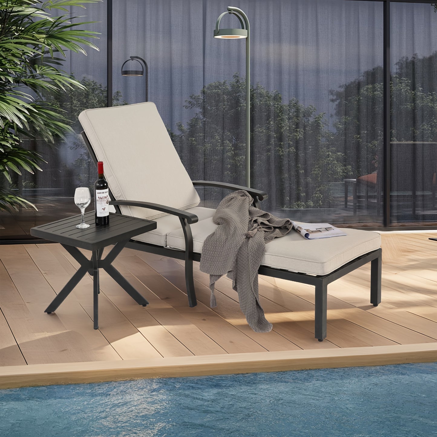 Casual Patio Chair, Adjustable Reclining Rustproof Aluminum Poolside Chaise Lounge Furniture, Waterproof Beige Cushion (1pc)