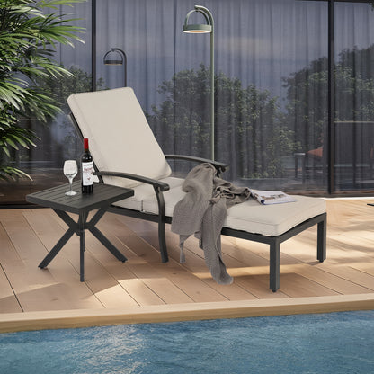 Casual Patio Chair, Adjustable Reclining Rustproof Aluminum Poolside Chaise Lounge Furniture, Waterproof Beige Cushion (1pc)