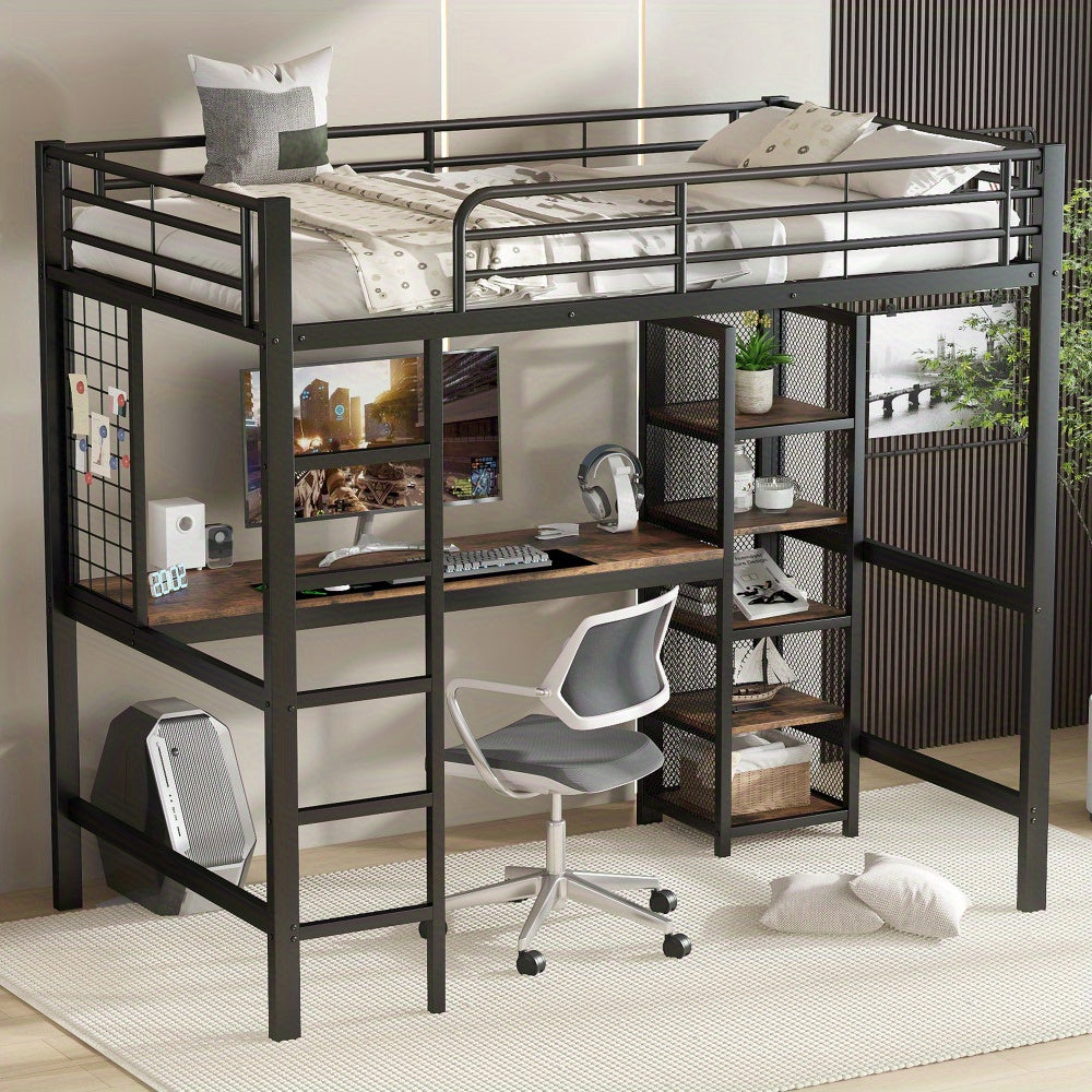 Hoogslaper – Loftbed – Kinderbed – Stapelbed – Eenpersoonsbed – Metaal & Donker Hout – 90x200 cm – Met Bureau en Opbergruimte