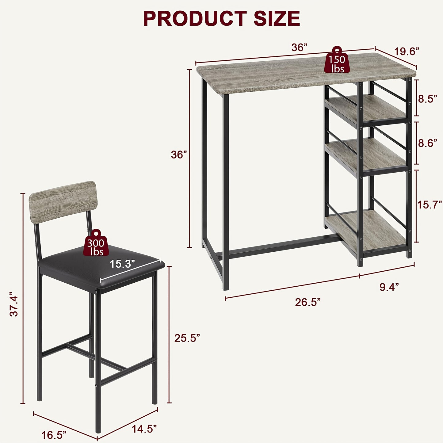 Eettafelset – Keukentafelset – Bistroset – Barstoelset – Stoelenset – Compact Ontwerp – Comfortabele Gevoerde Stoelen – Grijs Kunstboard Houten Frame