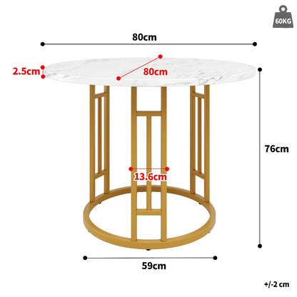 Eettafelset – Eethoek – Diningset – Keukentafelset – Zitgroep – Ronde Tafel 80 cm – MDF Marmerlook Blad – Gouden Metalen Poten – Grijze Comfortabele Stoelen
