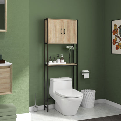 Toiletkast – Toiletmeubel – Wc-kast – Badkamerkast – Natuurlijk Hout – Industrieel Design – Compact 64x19x178 cm – Zwart Metaal & Licht Eiken