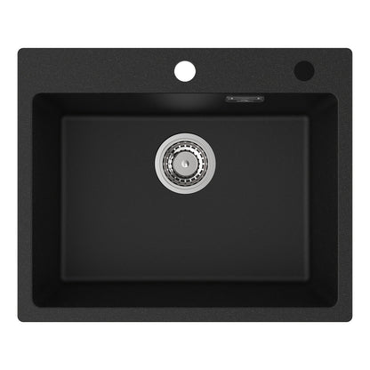 Keukenbak Kwartssteen – Gootsteen – Spoelbak – Keukenspoelbak – Enkele Kom – Zwart – 55x45 cm – Krasvast & Hittebestendig – Overloop & Afvoersysteem