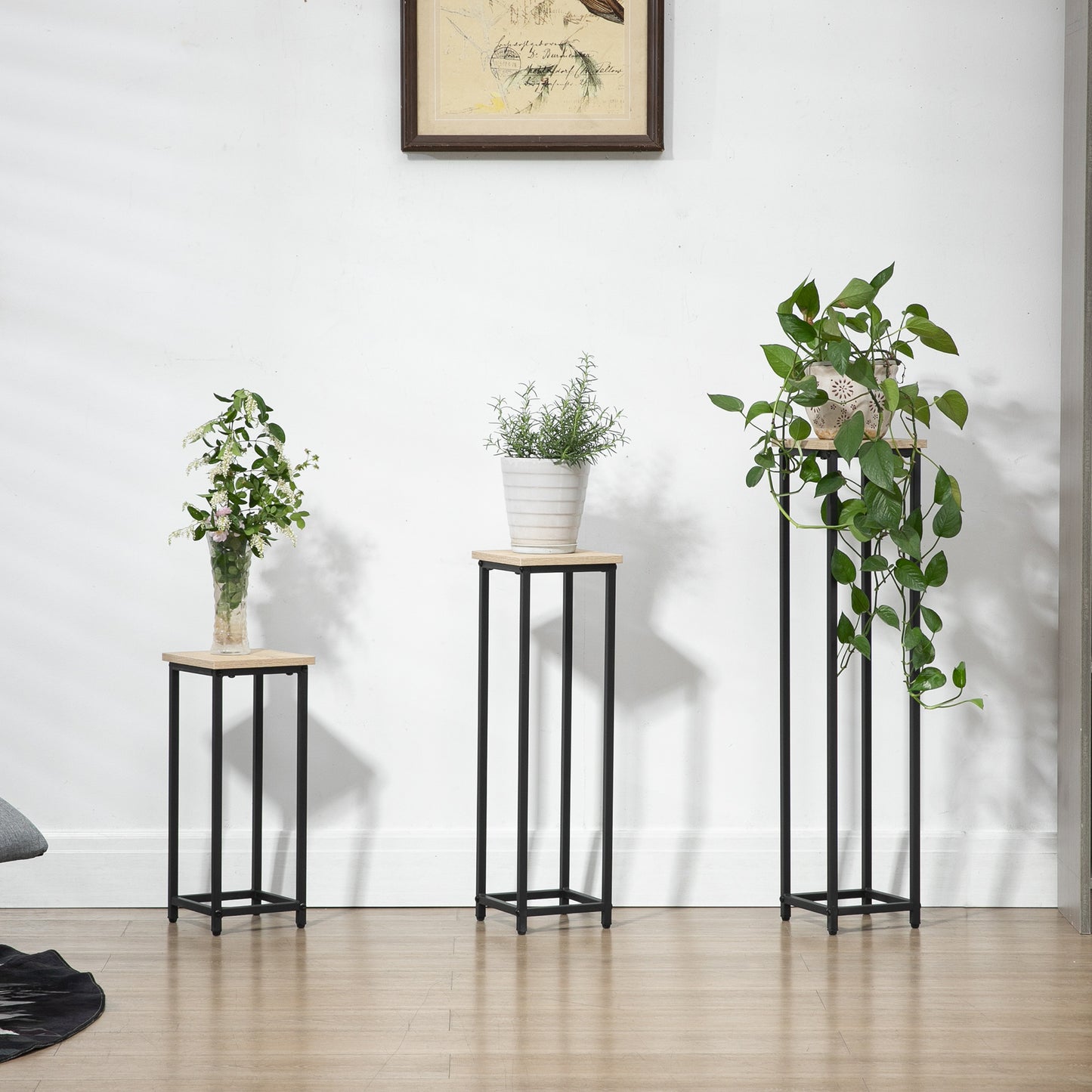 Plantenstandaards – Plantenhouders – Bloemstandaards – Plantenrekken – Naturel Houtlook – Stijlvol Industrieel Design – 3x Stapelbaar – Metalen Frame