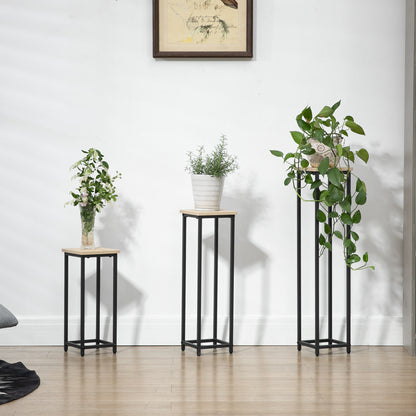 Plantenstandaards – Plantenhouders – Bloemstandaards – Plantenrekken – Naturel Houtlook – Stijlvol Industrieel Design – 3x Stapelbaar – Metalen Frame