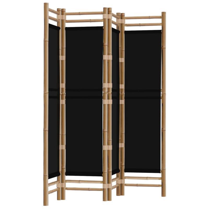 Kamerscherm – Room Divider – Scheidingswand – Privacy Scherm – Vouwscherm – 4-Paneel – Bamboe Frame – Zwarte Stof – 160 cm Hoog – Inklapbaar & Ruimtebesparend