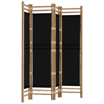 Kamerscherm – Room Divider – Scheidingswand – Privacy Scherm – Vouwscherm – 4-Paneel – Bamboe Frame – Zwarte Stof – 160 cm Hoog – Inklapbaar & Ruimtebesparend