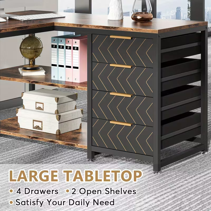 L-vormig bureau – Computerbureau – Hoekbureau – Werkplek bureau – Bureau met laden – Bruin – Ruim 150 cm werkoppervlak – Duurzaam vezelplaatmateriaal