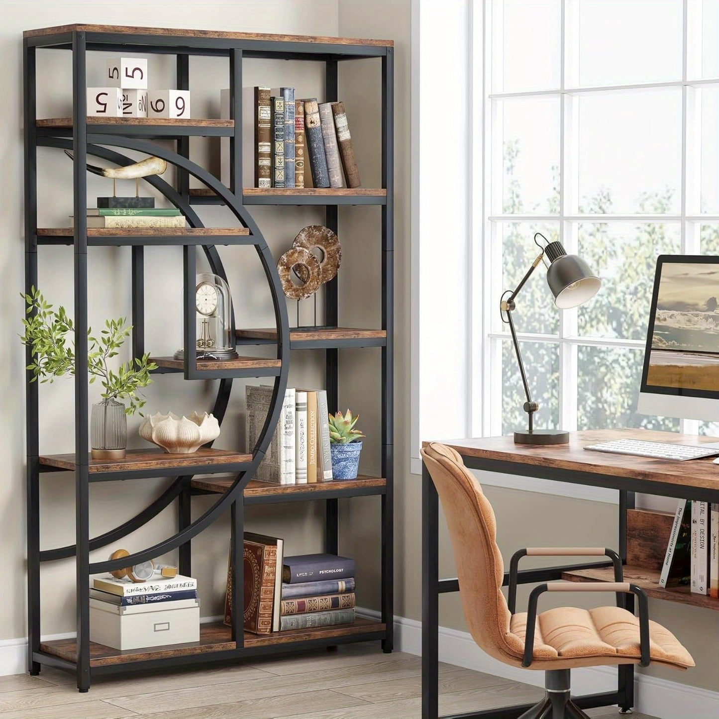 Industriële Boekenkast – Boekenkast – Open Kast – Etagère – Boekplank – 9 Open Planken – MDF Hout Met Zwart Metaal – Halfrond Ontwerp – 27 kg Draagkracht Per Plank