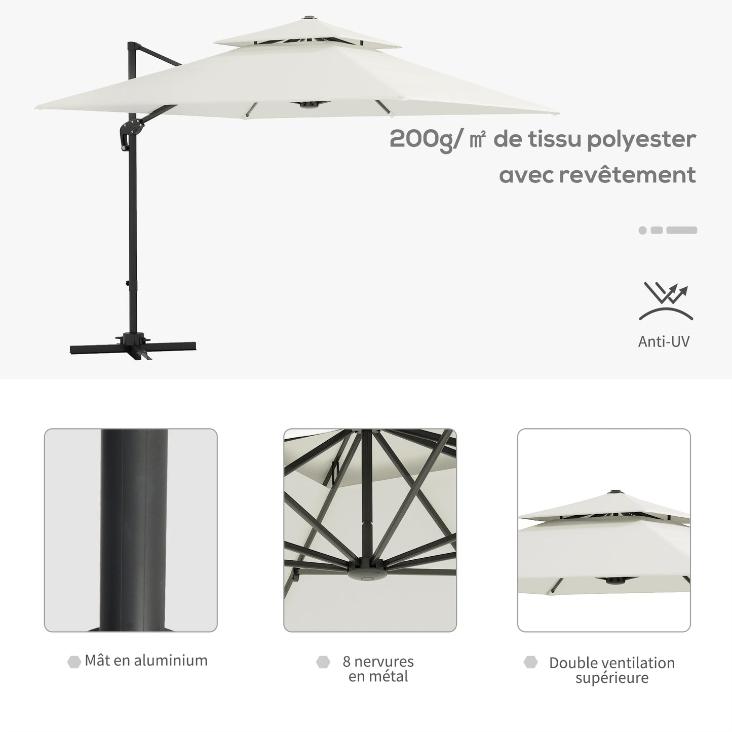 Parasol – Tuinparasol – Zonneparasol – Terrasparasol – Offset Parasol – 3x3 Meter – Kantelbaar en Draaibaar – Dubbel Dak voor Ventilatie – Beige Polyester
