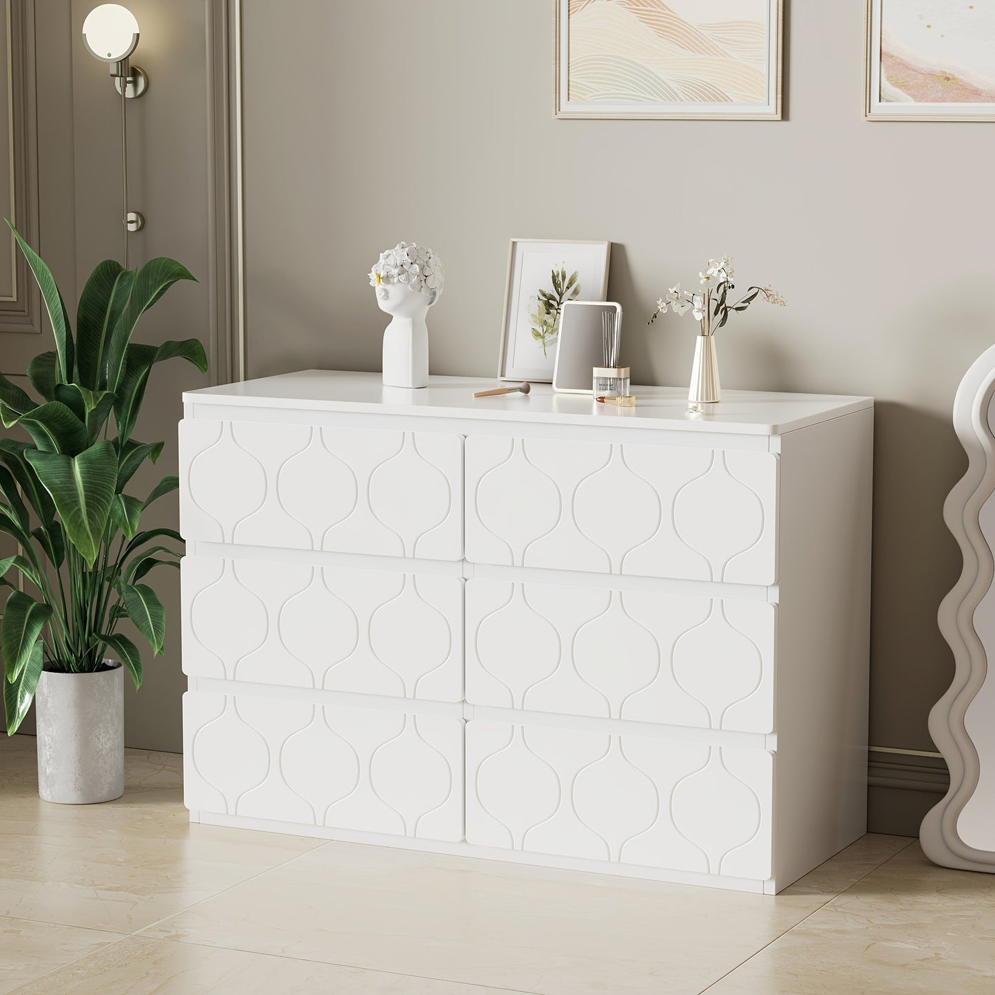 Ladekast – Kommode – Dressoir – Opbergkast – Kast – 6 Ruime Lades – Aardbevingsbestendig Ontwerp – Witte Lakafwerking – 68,58 cm Hoog – Moderne Golfpatroon