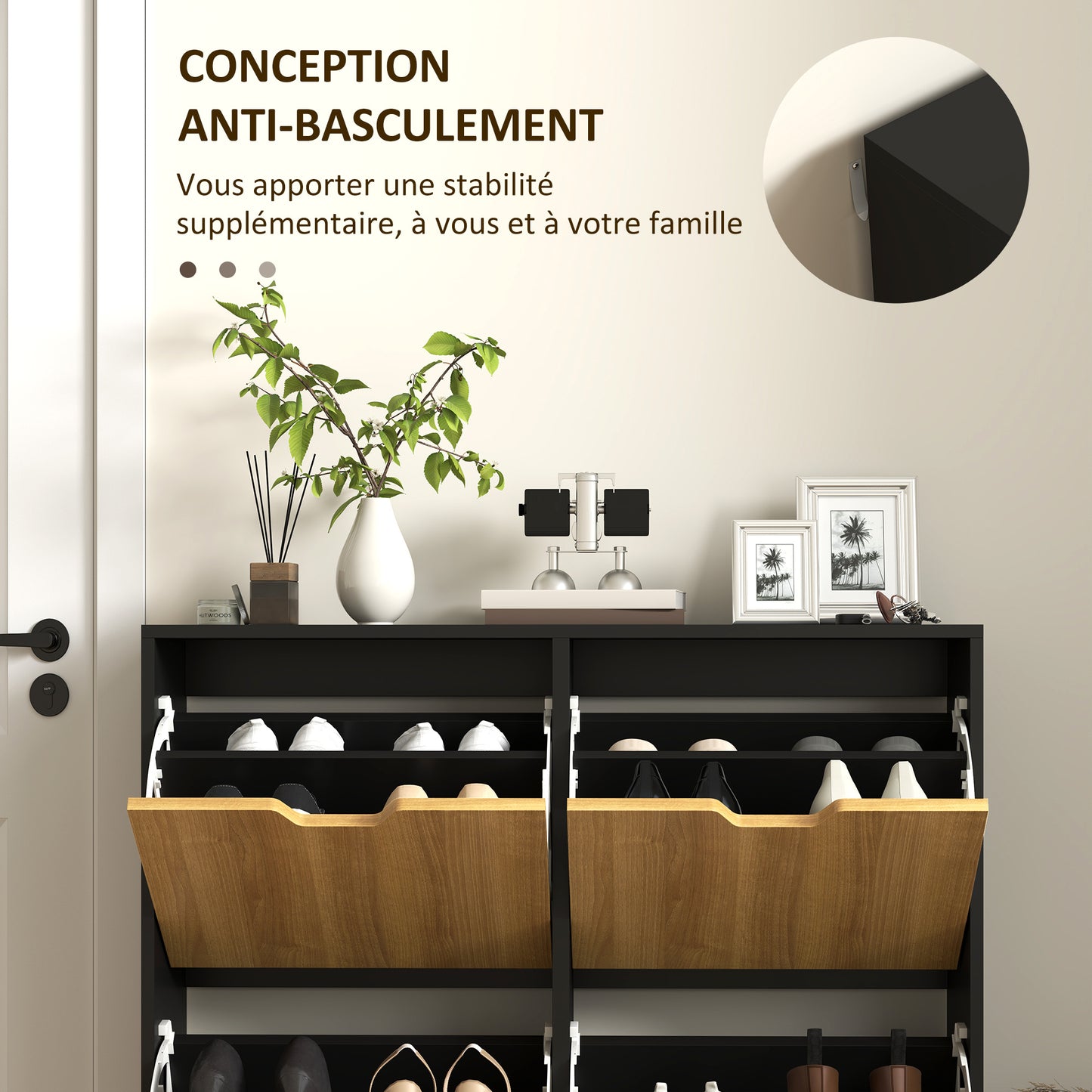 Schoenenkast – Schoenenrek – Schoenenopberger – Halmeubel – 4 Deuren – 16 Paar Schoenen – Verstelbare Planken – Zwart MDF Met Houten Poten
