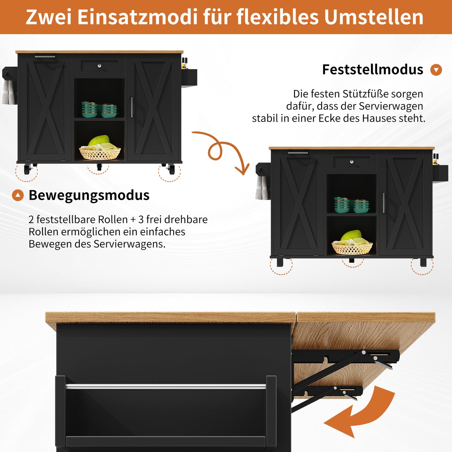 Keukeneiland – Keukentrolley – Keukenkast – Buffetkast – Keukenwagen – Inklapbaar Werkblad – Verstelbare Legplanken – 3D MDF-deuren – Metalen Handgrepen – Zwart – 142×40/63×87 cm