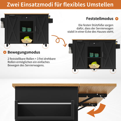 Keukeneiland – Keukentrolley – Keukenkast – Buffetkast – Keukenwagen – Inklapbaar Werkblad – Verstelbare Legplanken – 3D MDF-deuren – Metalen Handgrepen – Zwart – 142×40/63×87 cm