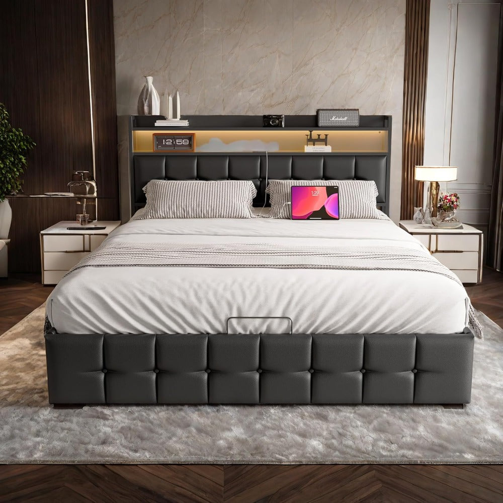 Double Upholstered Bed, 160 X 200 Cm, with LED And Storage Space, Headboard, Hydraulic Bed Frame, with Storage Space And Slatted Base, Without Mattress (Grey Linen, 160 X 200 Cm)