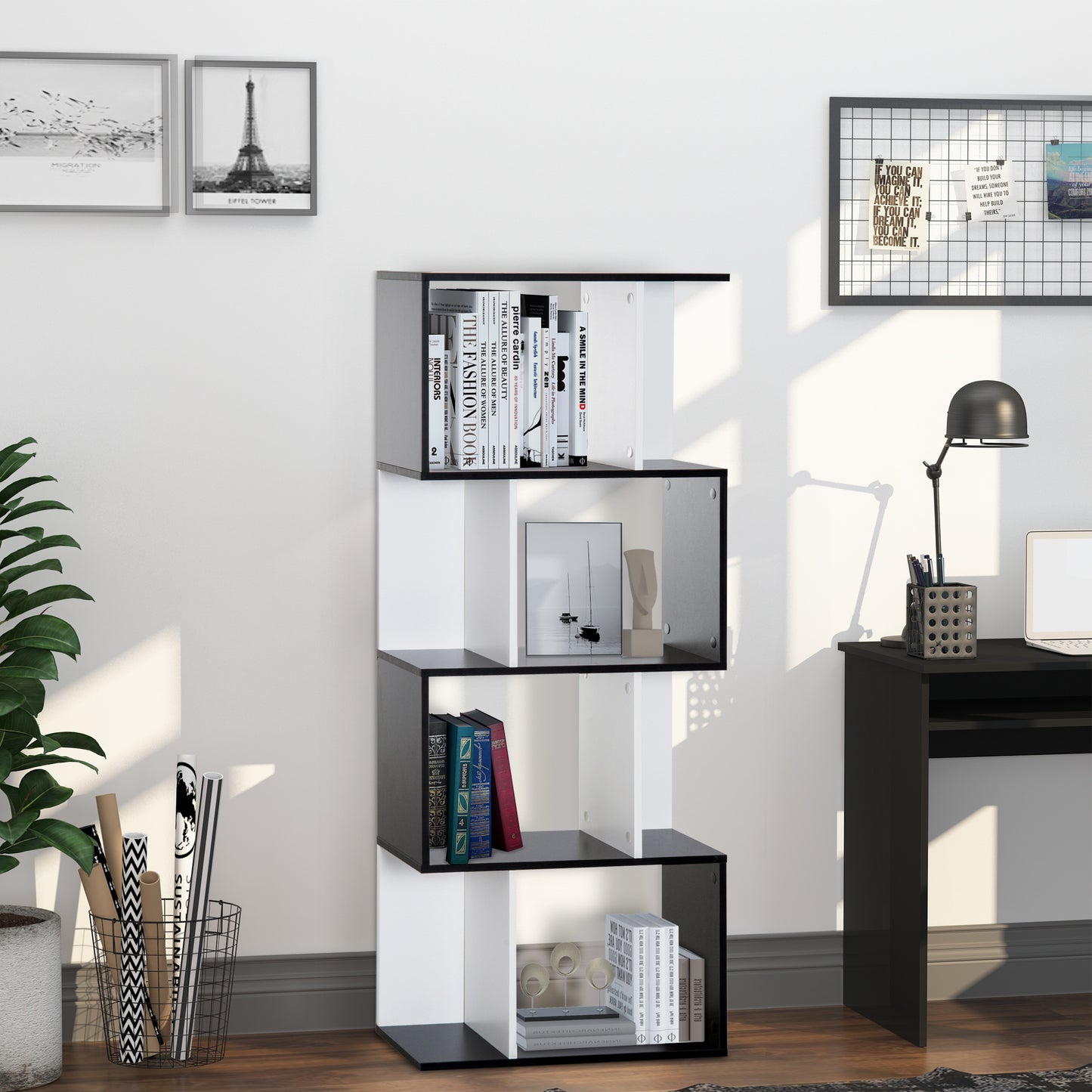 Boekenplank – Boekenrek – Wandplank – Wandkast – Opbergkast – S-vormig Design – 4 Planken – Zwart-Wit – Anti-Kantelapparaat – 60x24x148 cm