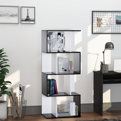 Boekenplank – Boekenrek – Wandplank – Wandkast – Opbergkast – S-vormig Design – 4 Planken – Zwart-Wit – Anti-Kantelapparaat – 60x24x148 cm