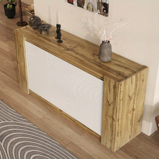 Sideboard – Dressoir – Opbergkast – Buffetkast – Kast Met Schuine Deuren – Softclose Scharnieren – Verstelbare Planken – Wit Met Houtlook – Duurzame Stalen Constructie