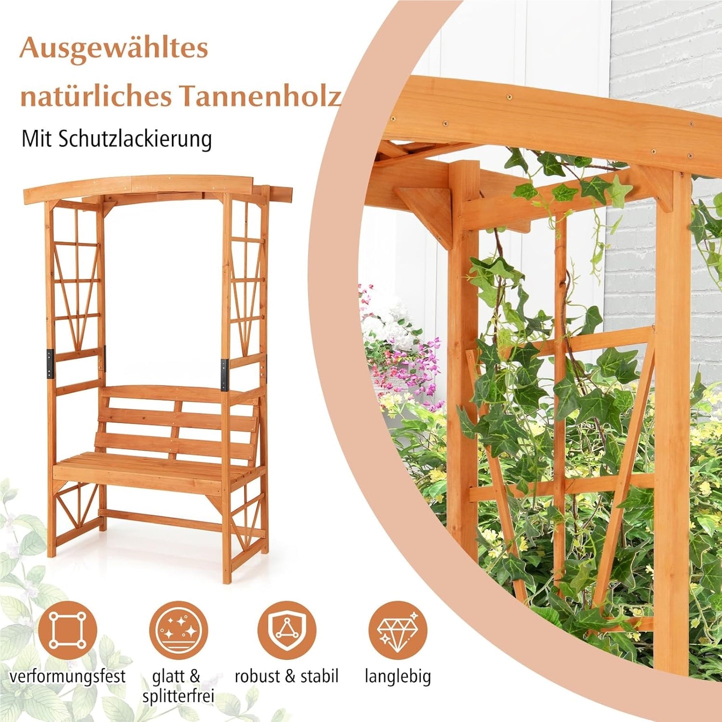 Rozenboog met Bankje – Houten Tuinboog – Klimplant Steun – Tuinbankje – Pergola – 2-Zits Bank – Weerbestendig Dennenhout – 120 x 58 x 189 cm