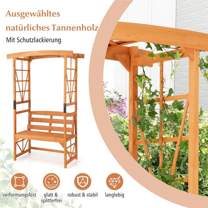 Rozenboog met Bankje – Houten Tuinboog – Klimplant Steun – Tuinbankje – Pergola – 2-Zits Bank – Weerbestendig Dennenhout – 120 x 58 x 189 cm