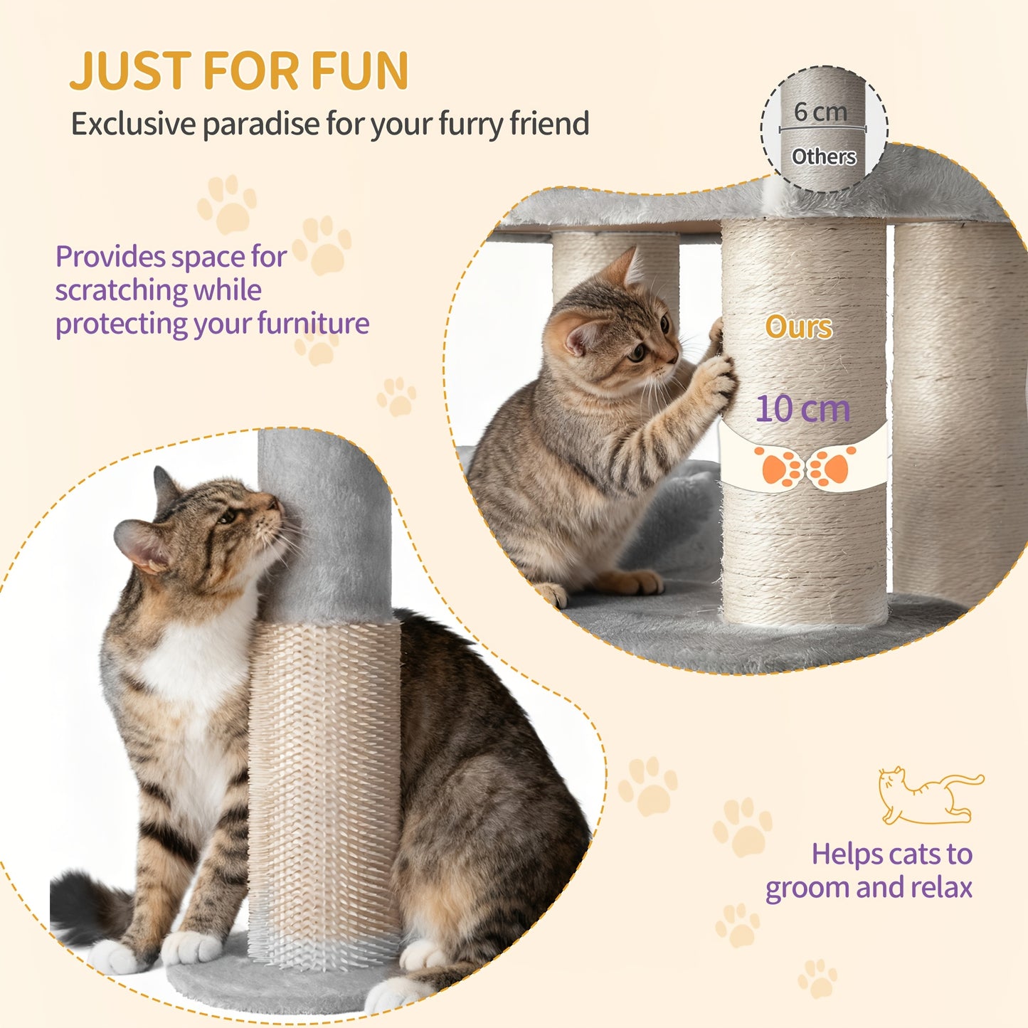 Krabpaal – Kattenboom – Kattenkrabpaal – Krabmeubel – Kattentoren – 163 cm Hoog – 11 cm Dikke Sisalpalen – Met 2 Holletjes en Ruim Speelplatform – Lichtgrijs Beige