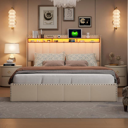 Bedombouw – Bedframe – Ledikant – Gestoffeerd Bed – Opbergbed – Tweepersoonsbed – Velvet Beige – 140x200 cm – Met USB Oplaadpoort en LED Verlichting