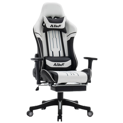 Gamingstoel – Gamestoel – Gaming Chair – Bureaustoel – Game Stoel – Ergonomisch Ontwerp – Verstelbare Lendensteun & Voetensteun – Draaibaar – Wit/Zwart