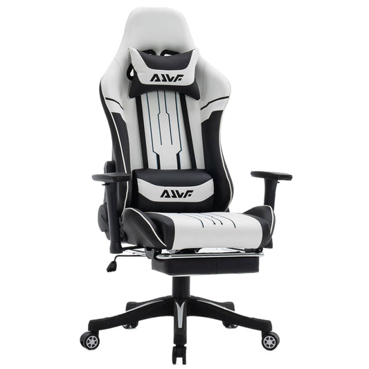 Gamingstoel – Gamestoel – Gaming Chair – Bureaustoel – Game Stoel – Ergonomisch Ontwerp – Verstelbare Lendensteun & Voetensteun – Draaibaar – Wit/Zwart