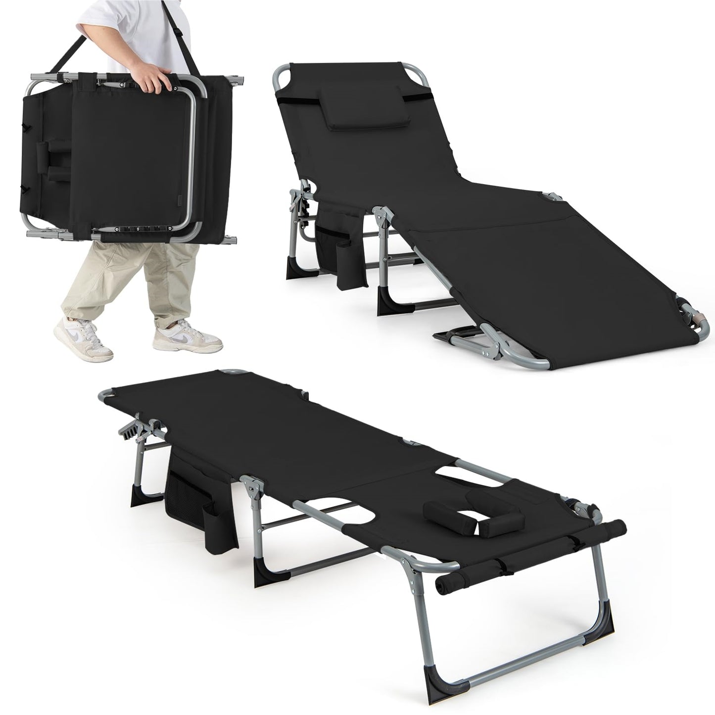 Zonnebed – Ligstoel – Tuinbed – Strandstoel – Relaxstoel – Verstelbare Rugleuning en Voetsteun – Afneembare Kussen en Zwart Design