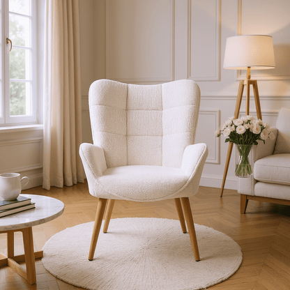 Fauteuil – Stoel – Relaxfauteuil – Loungechair – Accentstoel – Beige – Teddy stof – Houten poten – 72x62x90,5 cm